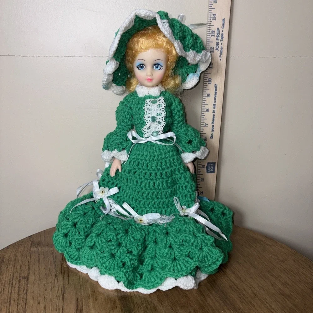 Vintage Crochet Doll Handmade Green Dress
